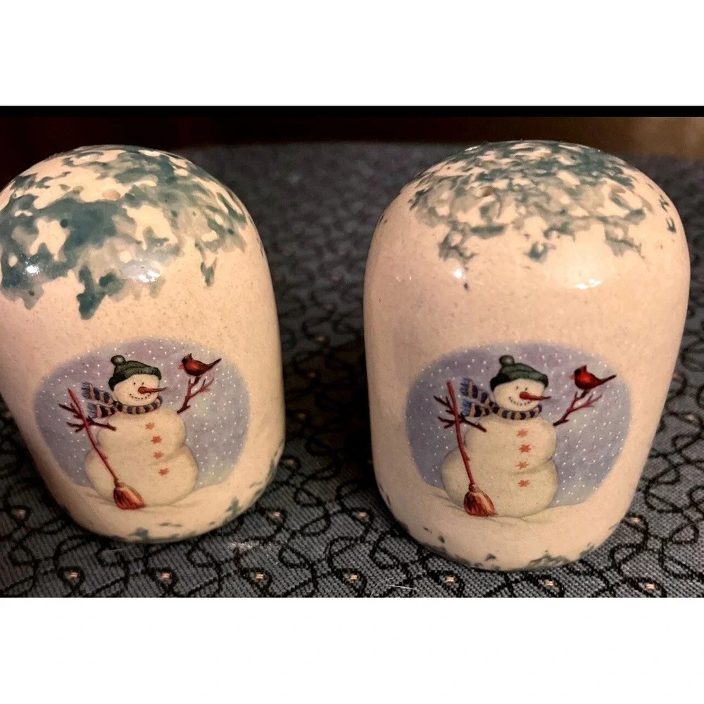 Stoneware Snowman Scene Salt and Pepper Shaker Set - Christmas Winter 2 x 3